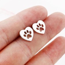 TINY PAW PRINT HEART POST EARRINGS Dog Cat Love Pet Owner Silver Plate Stainless