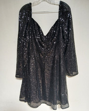 boohoo Womens UK 22 Black Sequin V-Neck 3/4 Sleeve Shift Short Dress