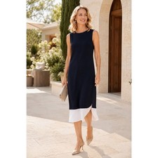 NWT Joseph Ribkoff Sheath Dress Women 4 Midnight Blue White Layered Hem