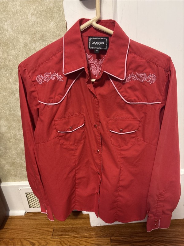 Vntg Saxaphon Red Western Shirt Women's Embroidered Pearl Snaps Long Sleeve M