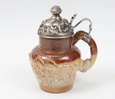 Antique Georgian Salt Glaze Stoneware Jug Mustard Pot Silver Horses Dog Handle