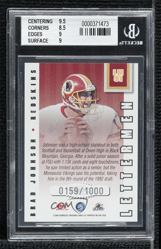 2000 Donruss Preferred QBC Lettermen /1000 Brad Johnson #LM91 BGS 9 MINT - Image 2 of 2