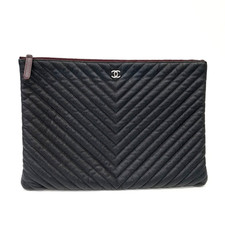 Chanel Chevron Caviar Black Leather Women Large Clutch A82552