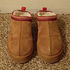 Women s Brown Suede Slip-On Slippers Faux Fur Lined Fur Trim US 10