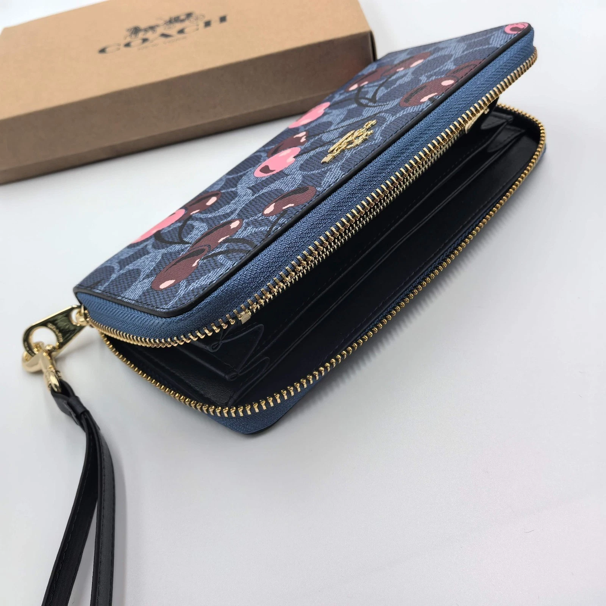Coach Long Zip Around Wallet In Signature Canvas With Cherry Print