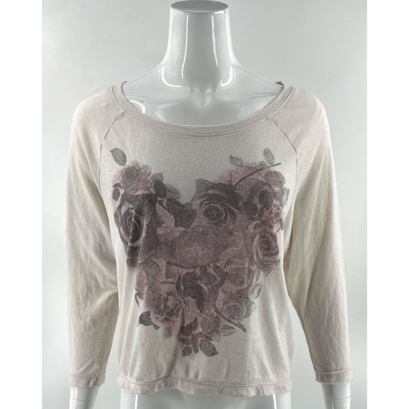 American Eagle Womens Top Size Medium Cream Pink Heart Graphic Burnout Tee