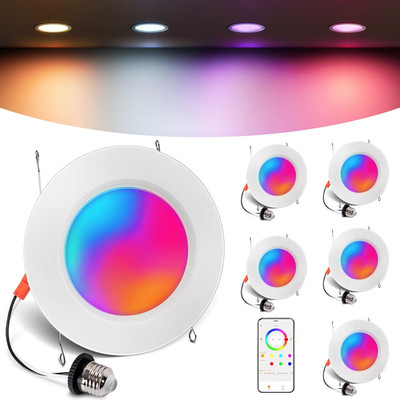 6 Pack 6'' Smart Recessed Lighting RGBCW Color Changing LED Can Lights Bluetooth