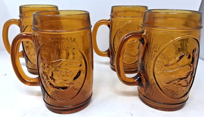 VTG Set of 4 Amber Glass Beer Mugs Plymouth Clipper Mayflower Whaling Sailing