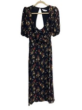 Reformation Wildflower Dress Vionnete Black Floral Puff-Sleeve Midi Size 2 NEW