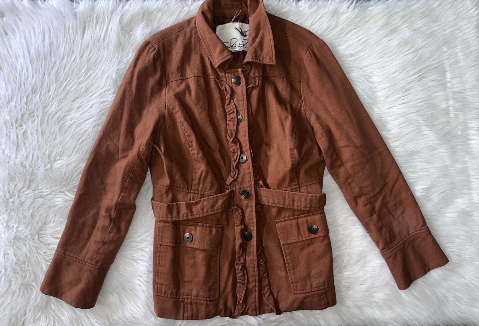 Tabitha Brown Ruffle Front Jacket Size Large - image 1