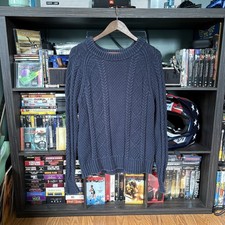 LL Bean Signature Unisex Navy Fisherman Cable Knit Sweater Cotton M