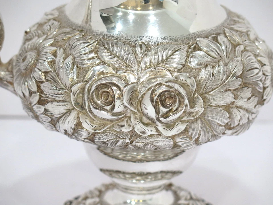 9 7/8 in - Sterling Silver Stieff Vintage Hand Chased Floral Repousse Pitcher - Image 2 of 4