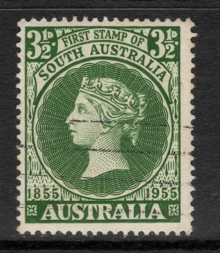 AUSTRALIA 1955 3.1/2d  GREEN CENTENARY OF FIRST SOUTH AUST POSTAGE STAMPS VFU.