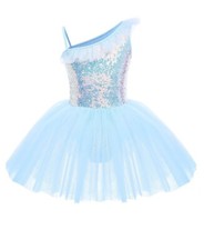 Kid Girls Sequins Ruffle One Shoulder Ballet Dance Dress Tulle Tutu 3-4 Years