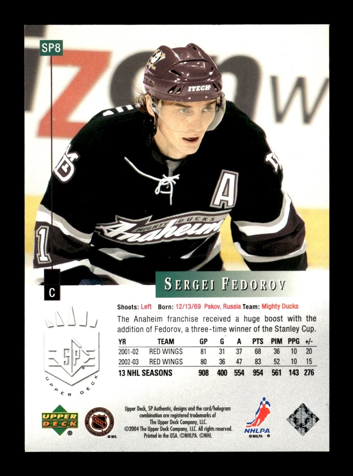 5-01-04 PWE . 2003-04 spa ud sp authentic #sp8 sergei fedorov 10th anniver /1994 - Image 2 of 2