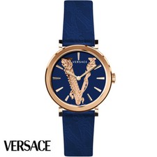Versace VERI00420 Virtus rose gold blue Leather Women's Watch NEW