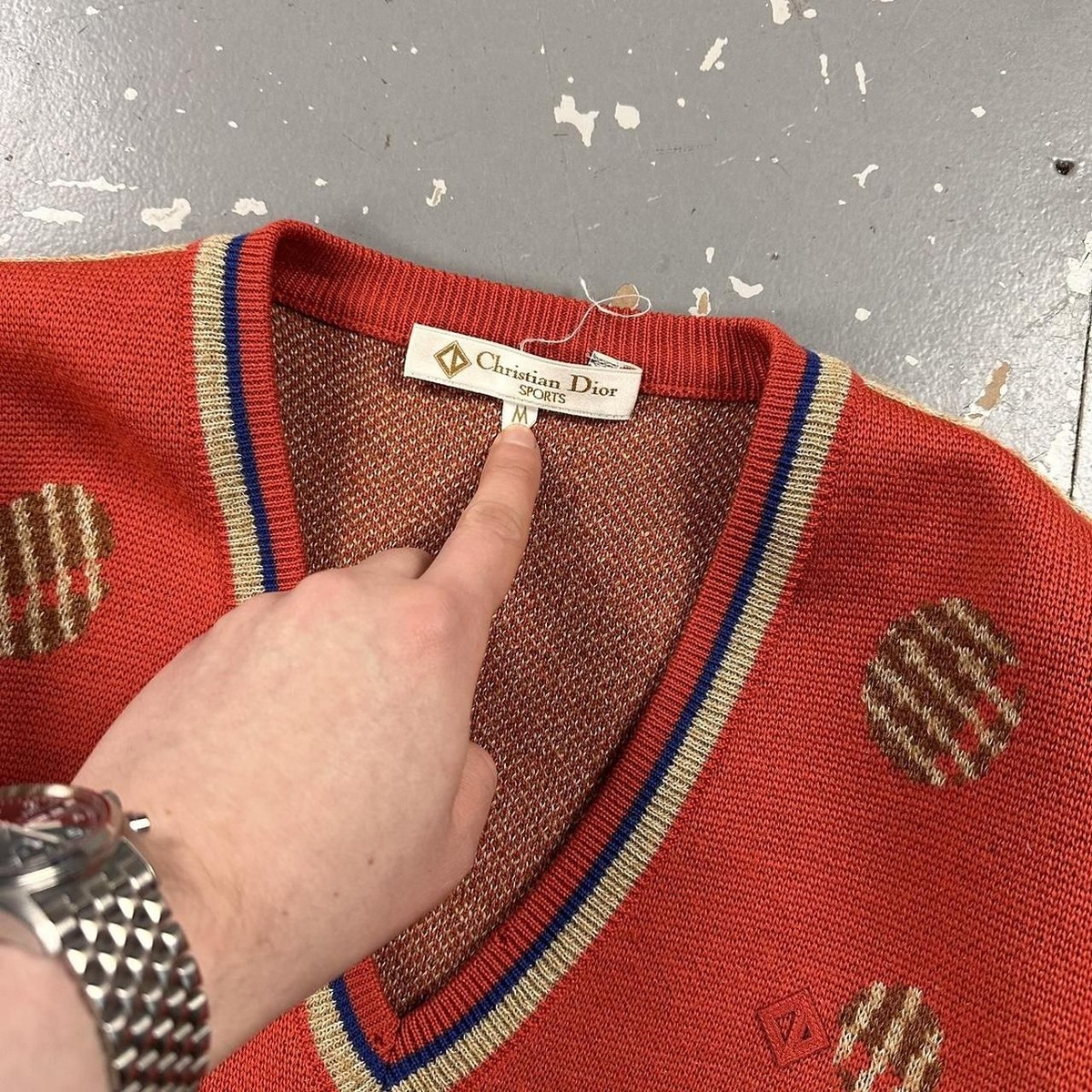 Vintage 80s Christian Dior Sports Pattern Knit Wool Jumper Orange
