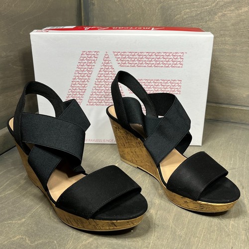 American Eagle Women's Ryan Wedge Sandals Black Cork Heel Straps Size 10 -  NWB | eBay