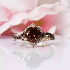 14K Rose Gold Plated 2.5Ct Round Lab Created Chocolate Diamond Halo Wedding Ring