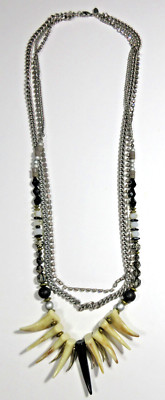 SIGNED EXPRESS UNUSUAL 28'' clear rhinestone silver tone tan black BEAD Necklace