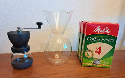 Hero Coffee Grinder - Bodum 8 cup carafe - Melitta #4 filters