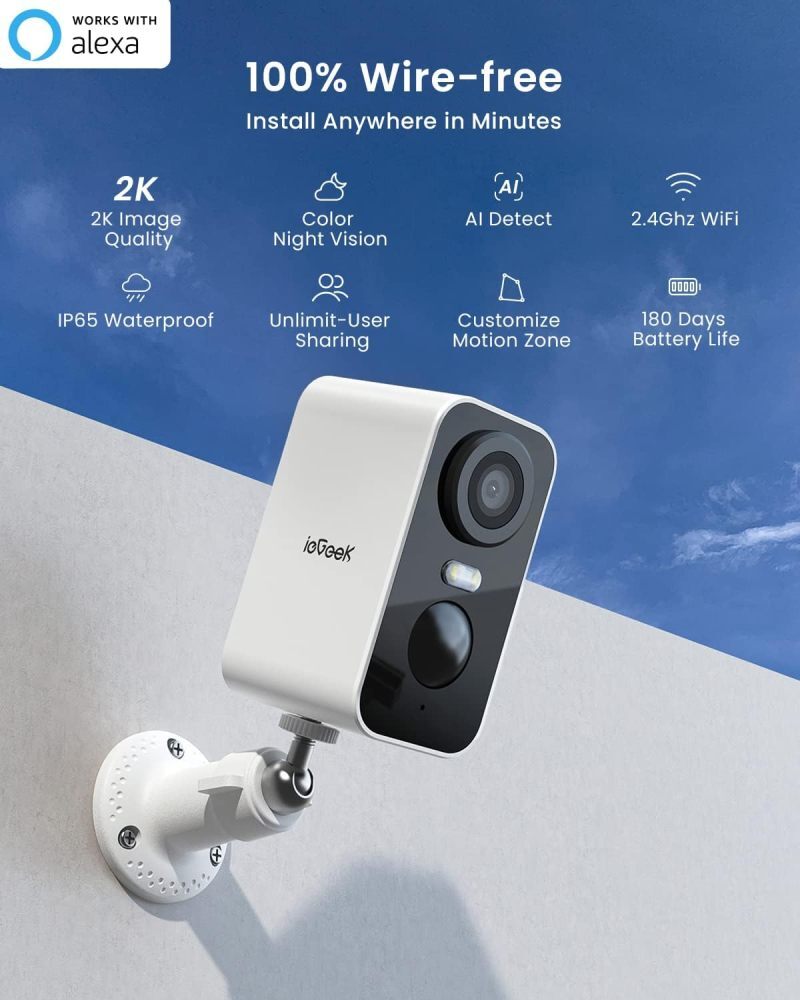 ieGeek Wireless Outdoor 2K WiFi IP65 Security Cameras Battery Powered with Siren