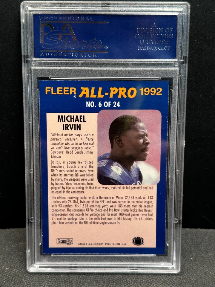 Tarjeta insertada Michael Irvin 1992 Fleer All-Pro #6 PSA 10 GEM MT Cowboys POP 3 Foto 2 de 2