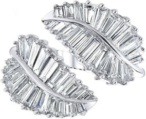 Authentic 3 4/7 Ct Bypass Palm Leaf Ring Baguette Simulated Diamond 14K Gold Plated