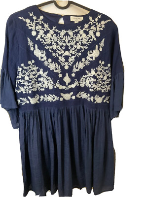 Umgee Boho Floral Embroidered Dress Tunic Bell Sleeve Navy Blue Size M |  eBay