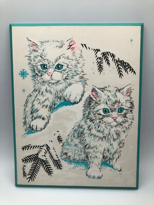 Kitschy Kitty Cats In Winter Wooden Wall Hanging Art Teal Glitter Border 11'' H