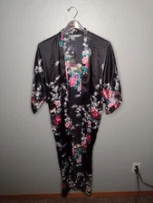 Babeyond Robe Kimono Black Peacock Cherry Blossom Satin Lounge C