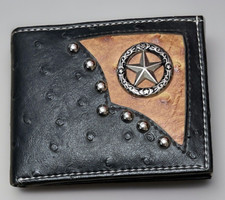 Mens Wallet Silver Star Western Bifold studded black Brown Ostrich Texas
