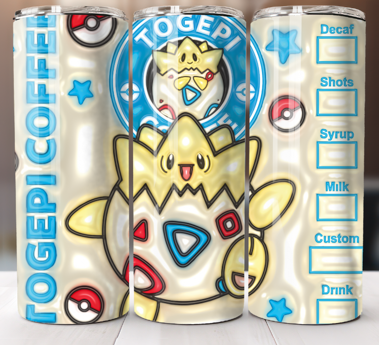 Pokemon Togepi 3D Puff Coffee Tumbler 20 oz Skinny Cup Mug Stainless Steel