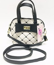 NEW BETSEY JOHNSON MINI DOME WHITE+QUILTED BLACK HEART,CROSS BODY,HANDBAG 