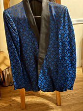 Men's Blue/Black Floral Tuxedo Dinner Jacket Satin Shawl Lapel Pre-Owned
