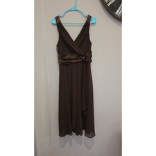 VTG 90s Womens Chocolate Brown V-Neck Chiffon Midi Dress Satin High Lo 16