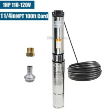 1HP 4" Deep Well Submersible Pump 33GPM 276FT Hmax 100ft Cord 1 1/4'' NPT 110V