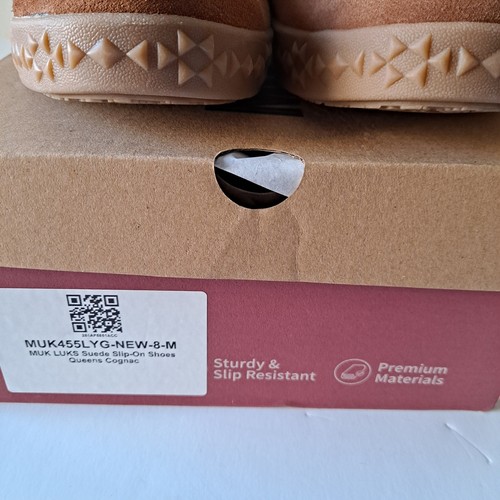 NWB Muk Luks Suede Wool Blend Faux Fur Slip On Shoes Queens Cognac Womens Size 8 - Picture 16 of 16