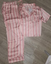 Womens Pink Candy Stripe Satin Pj,Pyjamas Loungewear Set Uk XL New Primark