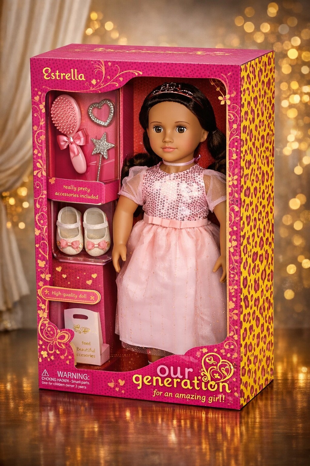 Our Generation "Estrella" 18" Doll w/ Pink Gown & Tiara, NEW