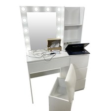 .Vanity Desk with Mirror and LED Lights Makeup Vanity with Glass Top Stool Set