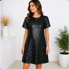 NWT LOFT Shift Dress 00 Black Metallic Jacquard Bow Back Short Sleeve Shimmer