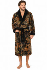 MENS ULTRA SOFT PLUSH CORAL FLEECE BELTED LOUNGE ROBE- BATH ROBE- CAMO & BLACK