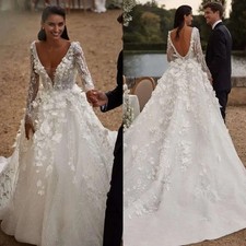 Gorgeous A-Line Wedding Dresses V-Neck Long Sleeves Lace 3D Flowers Bridal Gowns