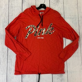 Victoria's Secret Pink sz Large L Red Lightweight Hoodie Logo Leopard Print