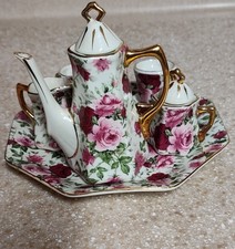 Vintage Miniature Chintz Pink Floral 10 piece Porcelain Tea Set with Gold Trim