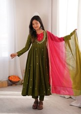 Mehendi Green Roman Silk Traditional Gown Bottom With Dupatta For Women  Girls