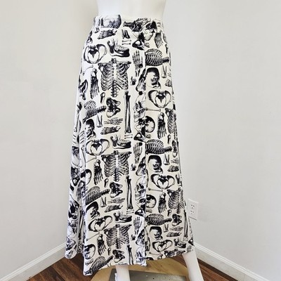 Midnight Hour Small Skirt Midi Skeleton Skulls Anatomy Button Front Gothic Women