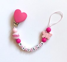 Catenella Ciuccio Fiocco con Nome Desiderato Silicone Beißkette Fucsia Rosa