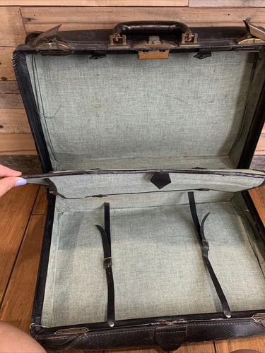 Vintage 1920s Black Leather Suitcase Travel Train Case Luggage Straps Antique - Picture 17 of 21